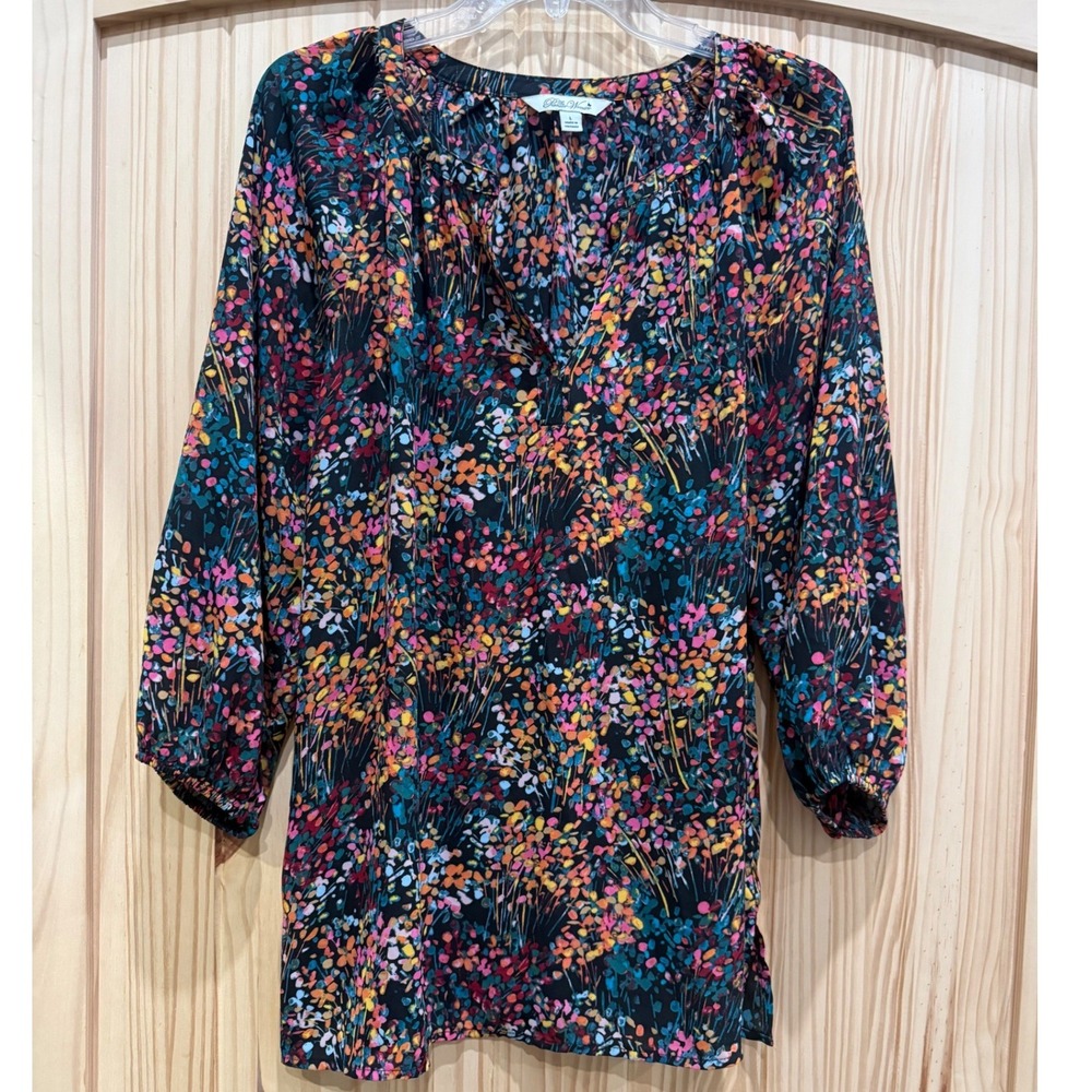 The Pioneer Woman Floral Split V-Neck Blouse Multicolor Black 3/4 Sleeve Large